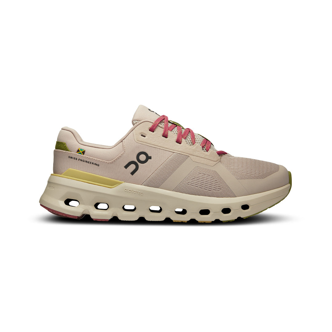 Side view on white background of Womens On Cloudrunner 2 running shoe in Sand/Flax, Medium (Regular) width