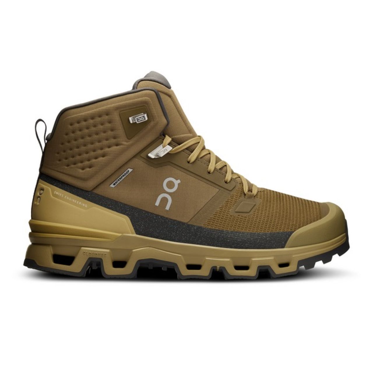 Side view on white background of Womens On Cloudrock 2 Waterproof running shoe in Hunter/Safari, Medium (Regular) width