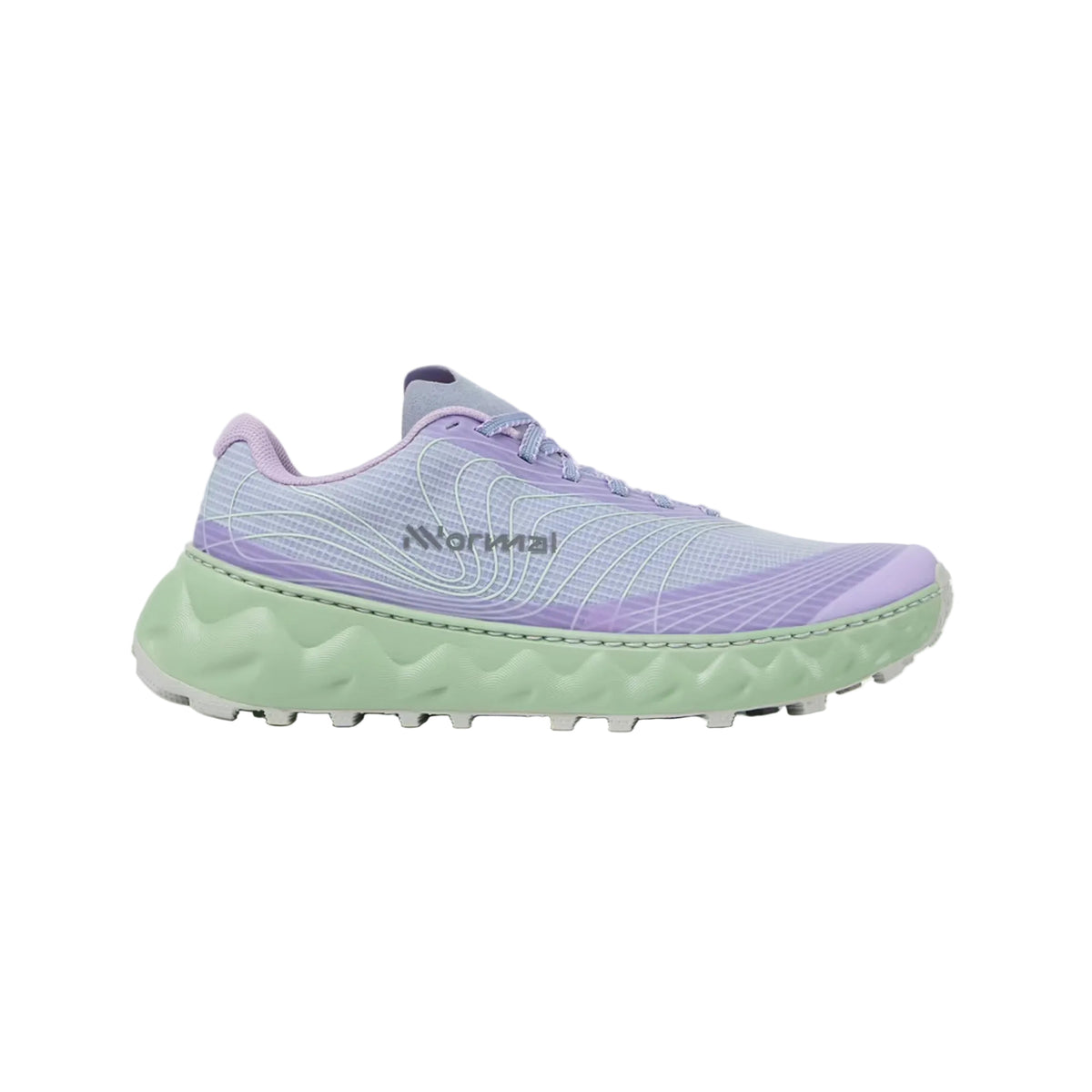 Side view on white background of Womens Nnormal Tomir 02 running shoe in Blue/Green, Medium (Regular) width