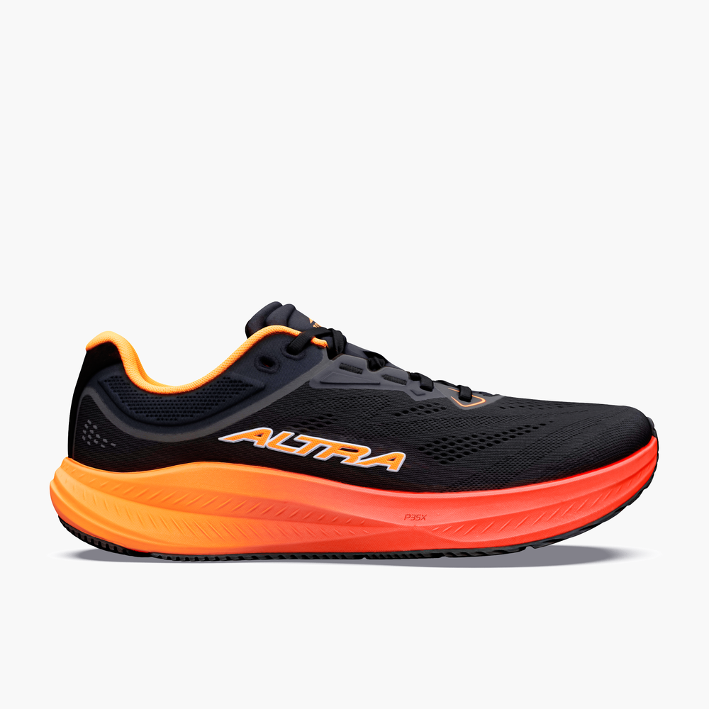 Side view on white background of Mens Altra Torin running shoe in Blk/Orng Pop/Firy Coral, Medium (Regular) width
