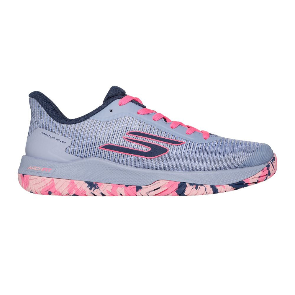 Side view on white background of Womens Skechers Viper Court Pro 2.0 running shoe in Gray/Lavender, Medium (Regular) width
