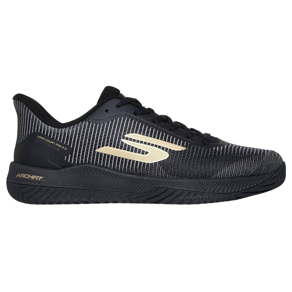 Side view on white background of Mens Skechers Viper Court Pro 2.0 running shoe in Black/Gold, Medium (Regular) width