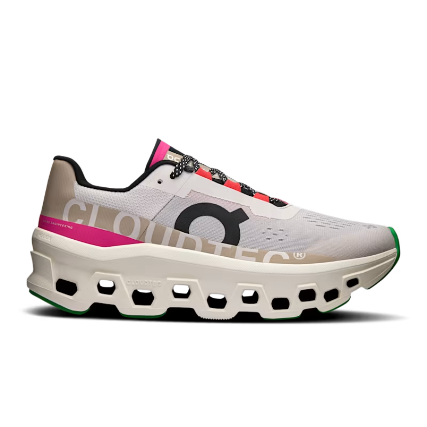 Side view on white background of Womens On Cloudmonster running shoe in Silver/Ivory, Medium (Regular) width