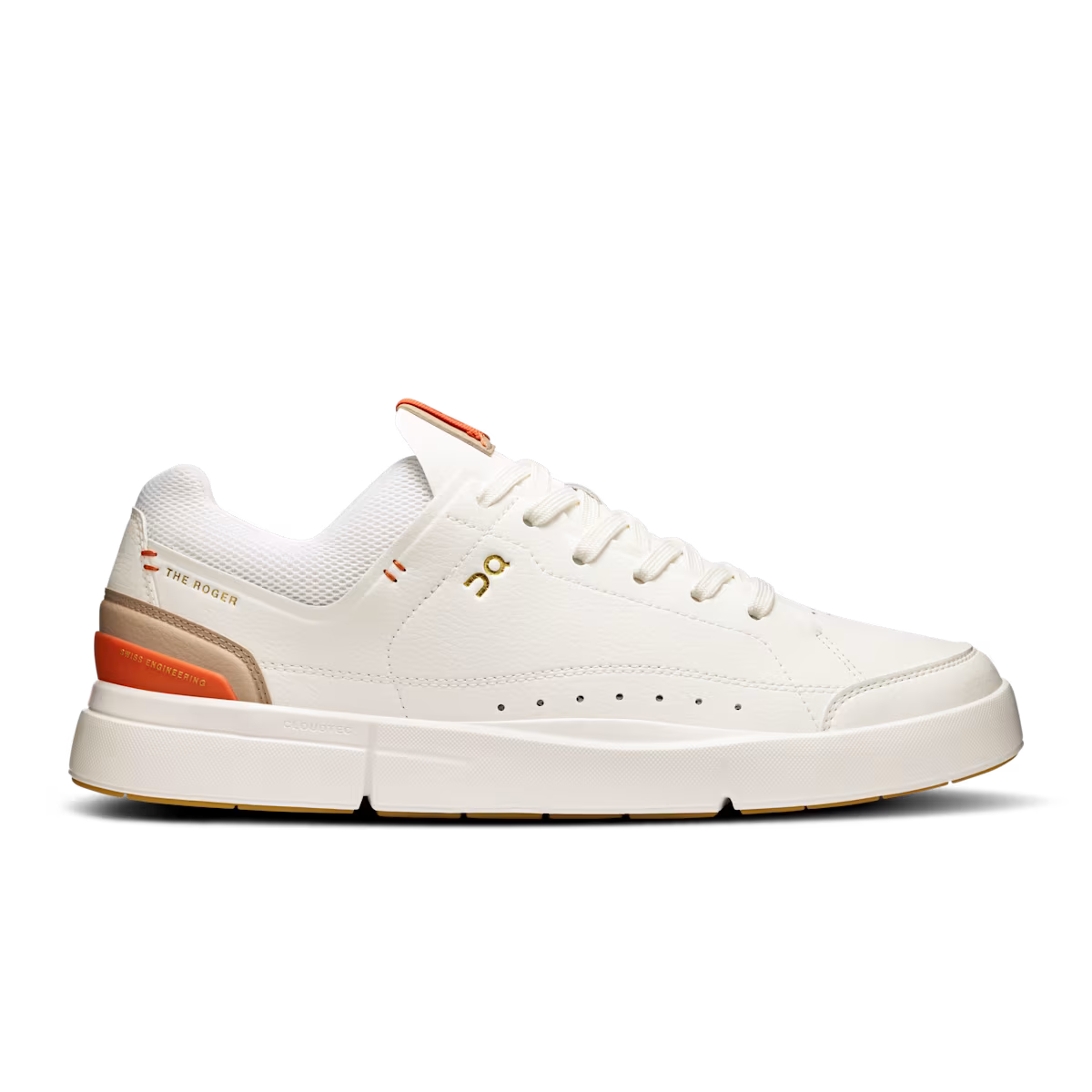 Side view on white background of Mens On The Roger Centre Court running shoe in White/Flame, Medium (Regular) width