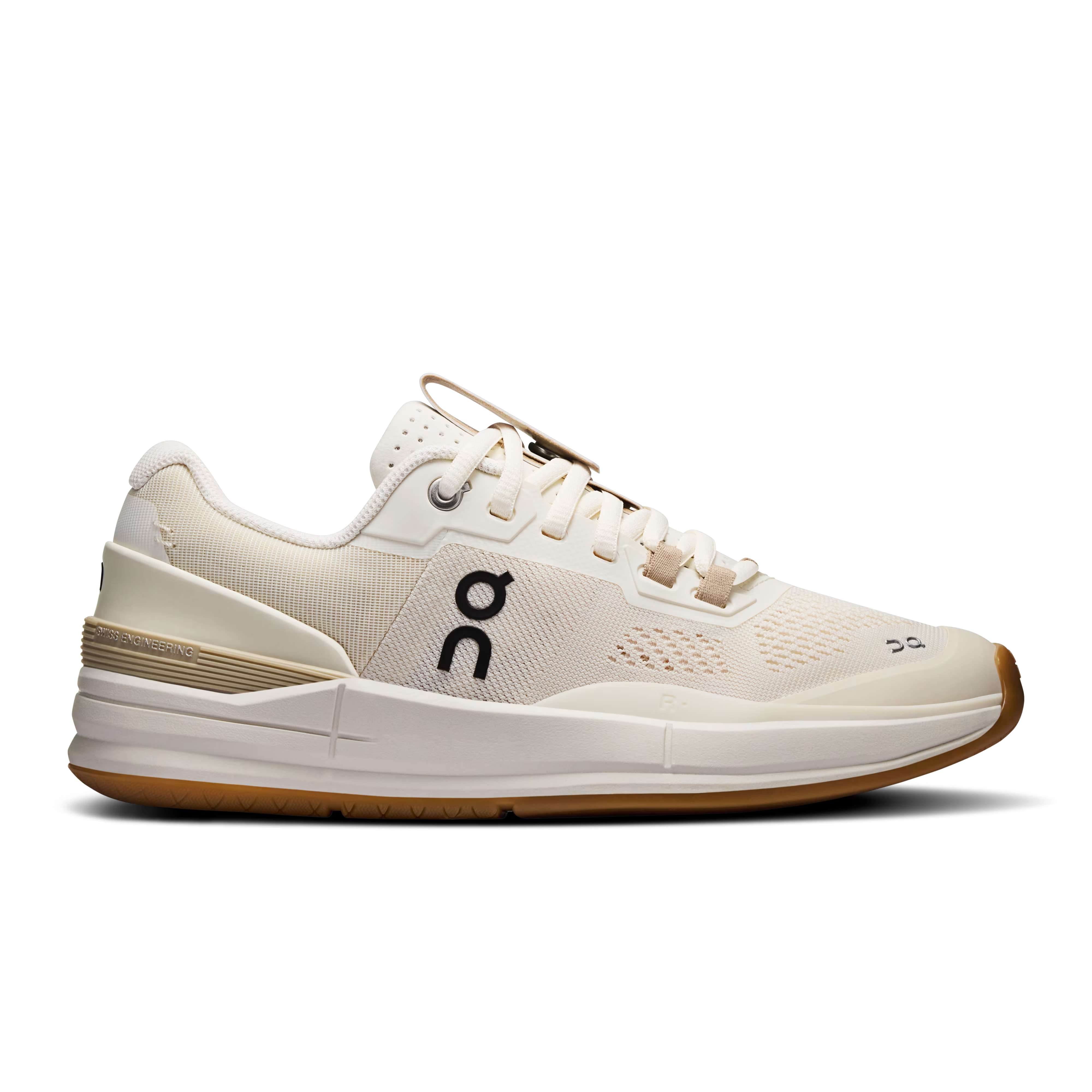 Side view on white background of Womens On The Roger Pro running shoe in Ivory/Ivory, Medium (Regular) width