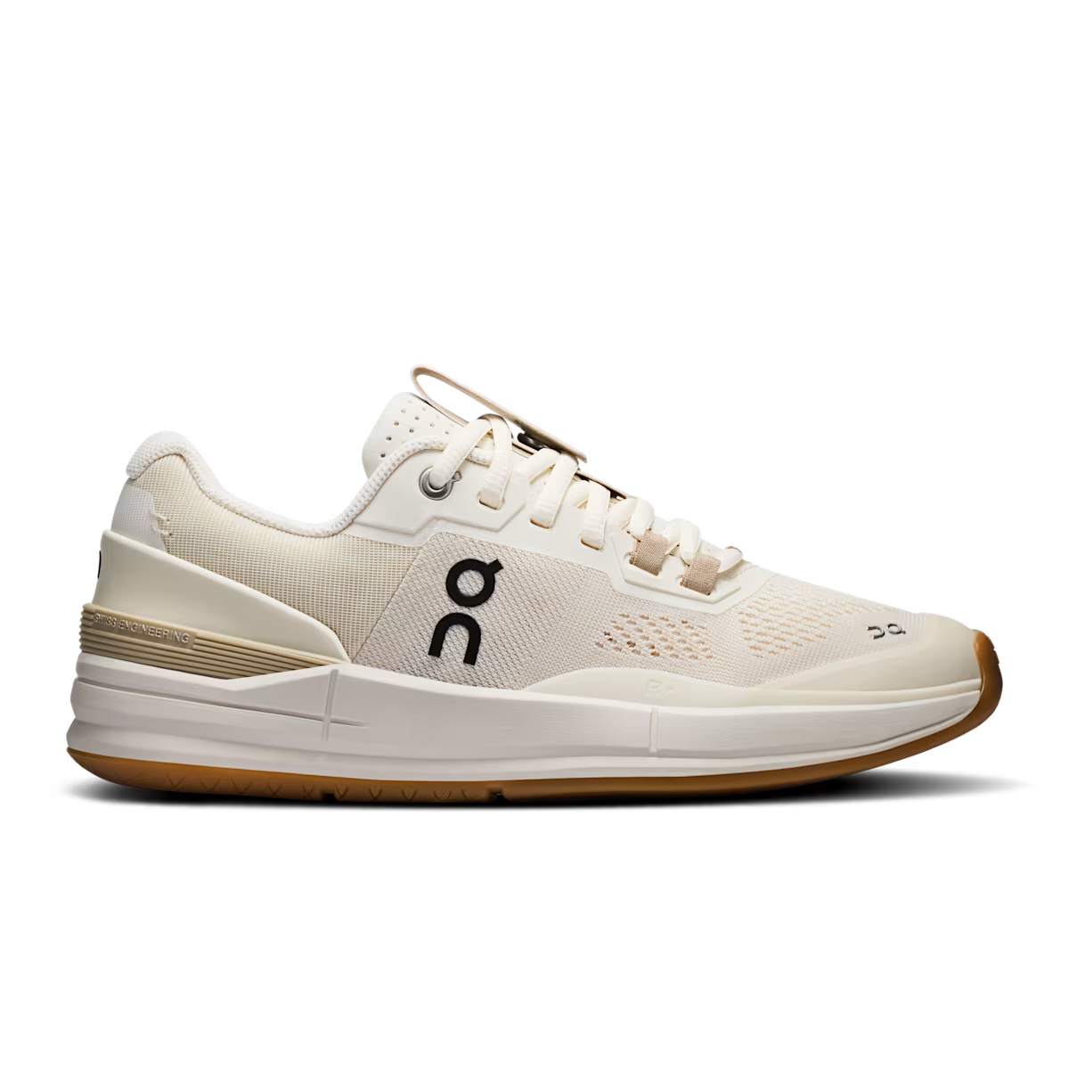 Side view on white background of Mens On The Roger Pro running shoe in Ivory/Ivory, Medium (Regular) width