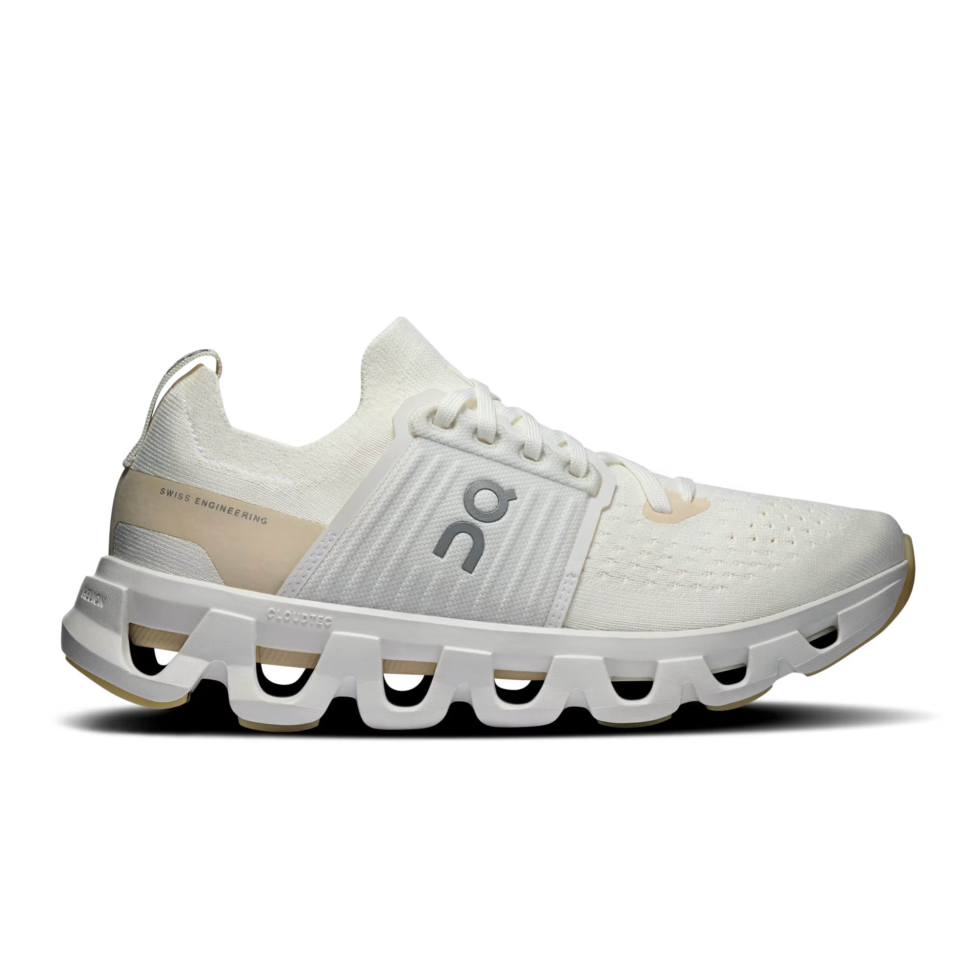 Side view on white background of Womens On Cloudswift 4 running shoe in White/Cream, Medium (Regular) width