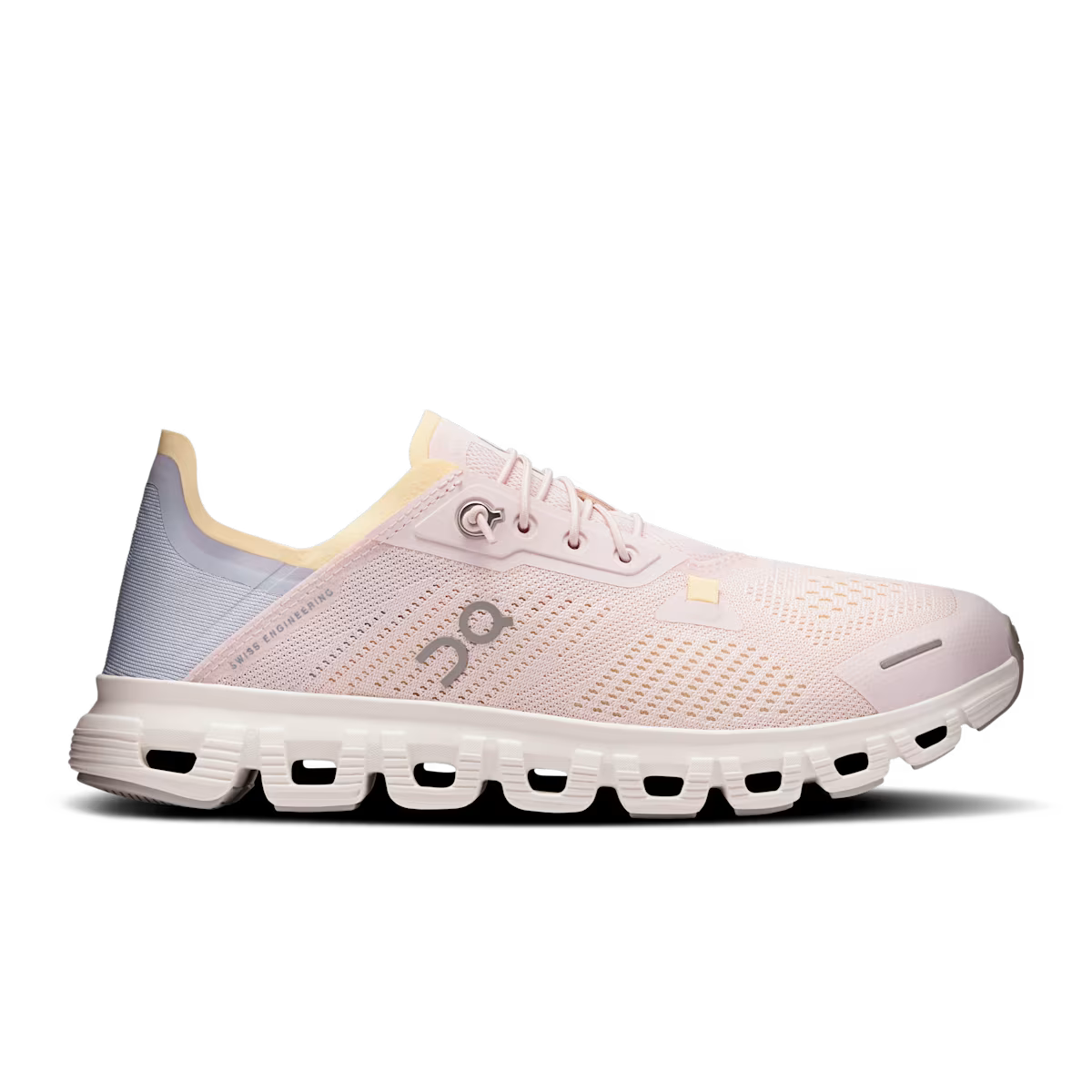 Side view on white background of Womens On Cloud 6 Coast running shoe in Orchid/Nimbus, Medium (Regular) width