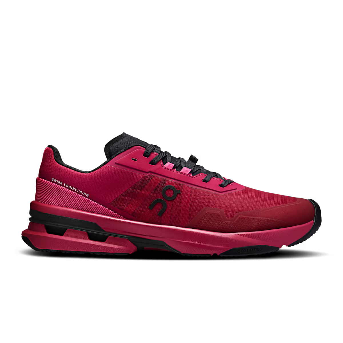 Side view on white background of Mens On Cloudpulse Pro running shoe in Grenadine/Pink, Medium (Regular) width