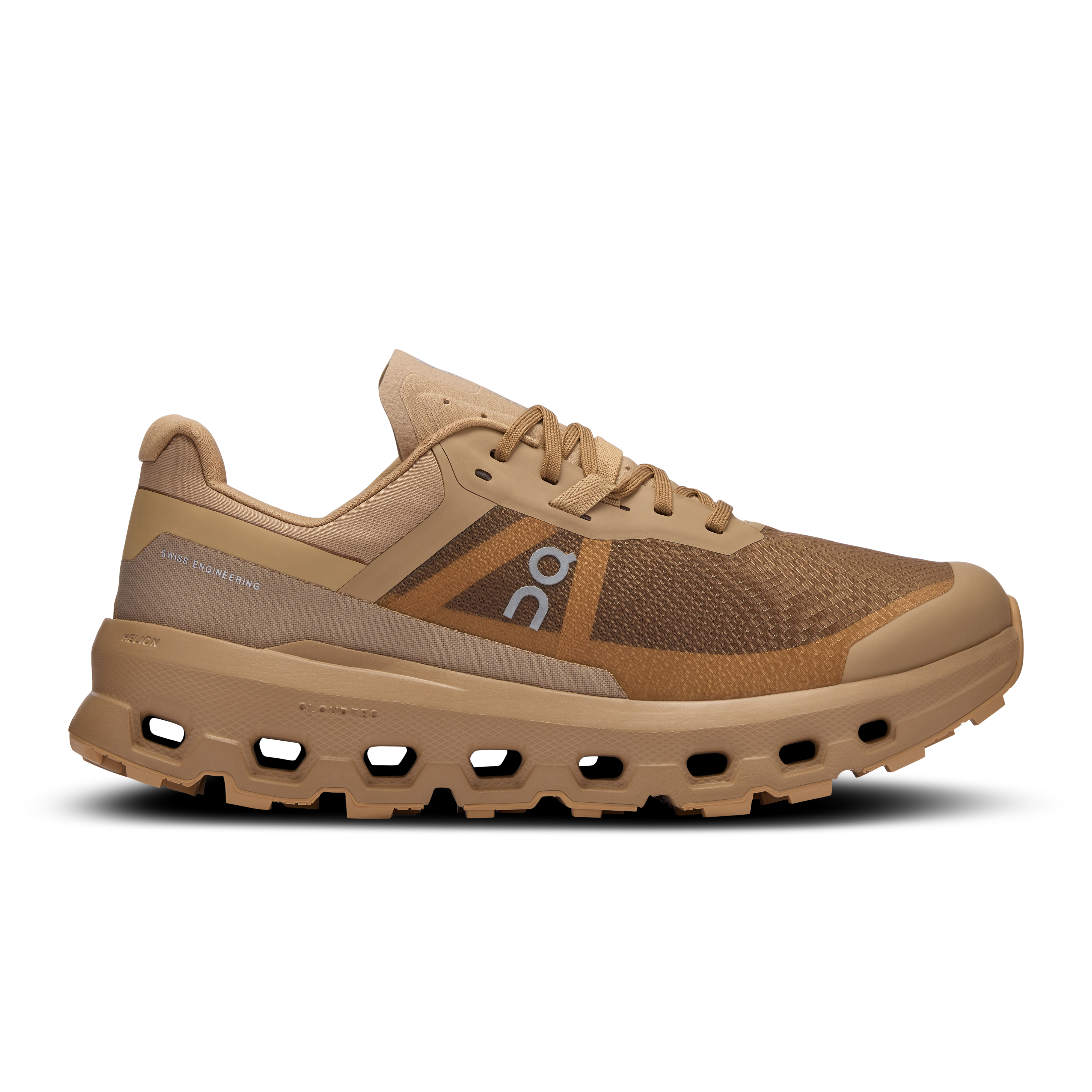 Side view on white background of Womens On Cloudvista 2 running shoe in Chai/Dune, Medium (Regular) width