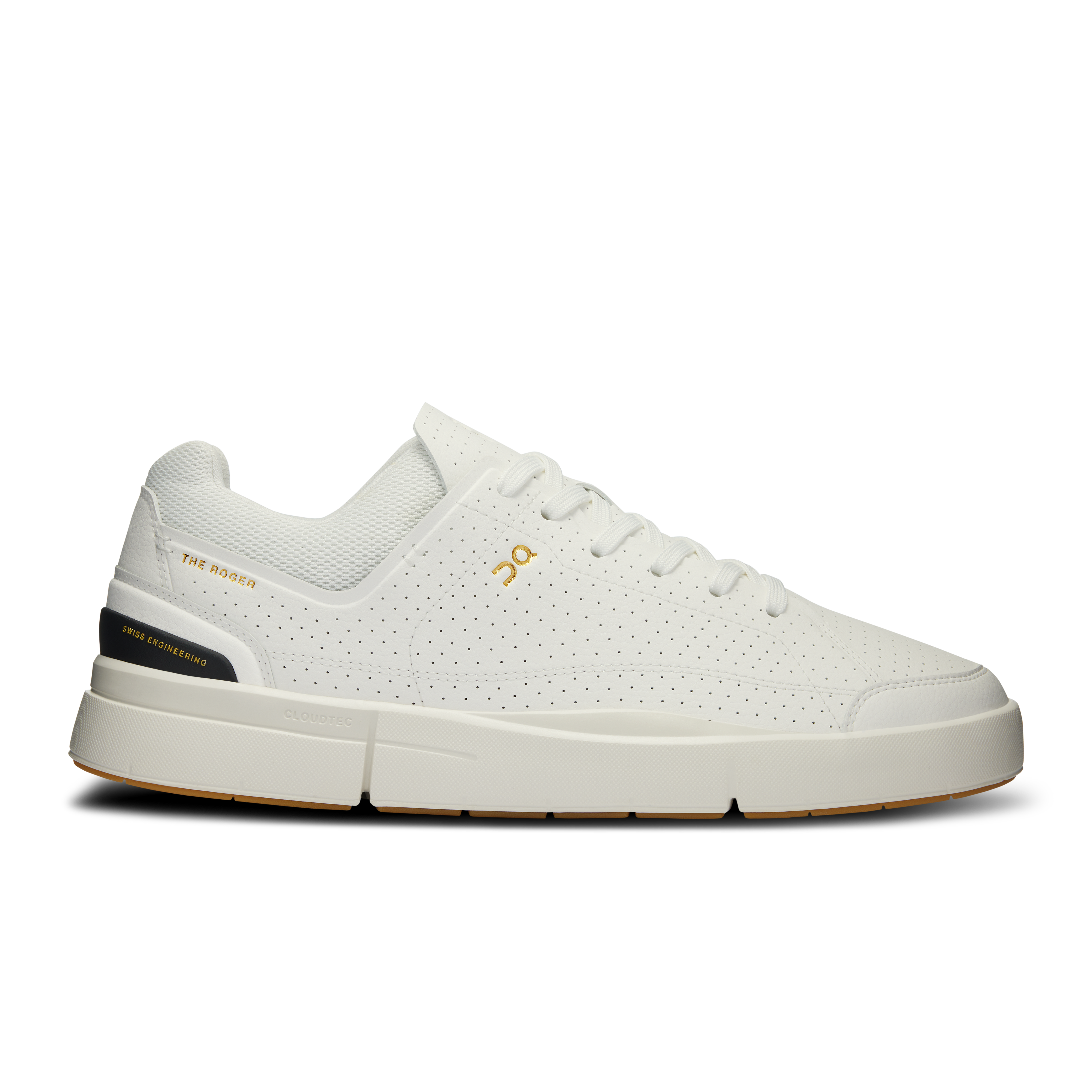 Side view on white background of Mens On The Roger Centre Court 3 running shoe in White/Black, Medium (Regular) width