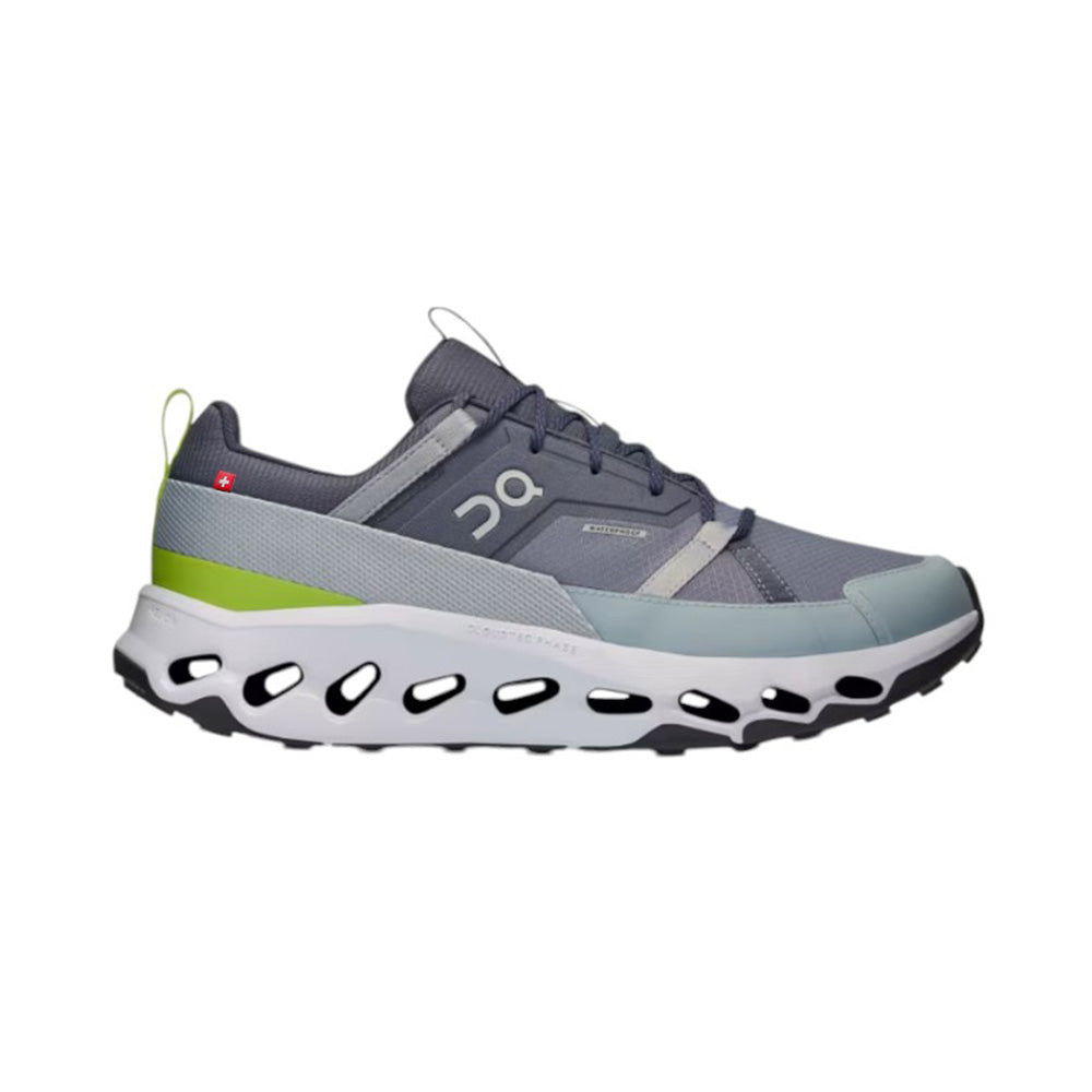 Side view on white background of Mens On Cloudhorizon Waterproof running shoe in Navy/Heather, Medium (Regular) width