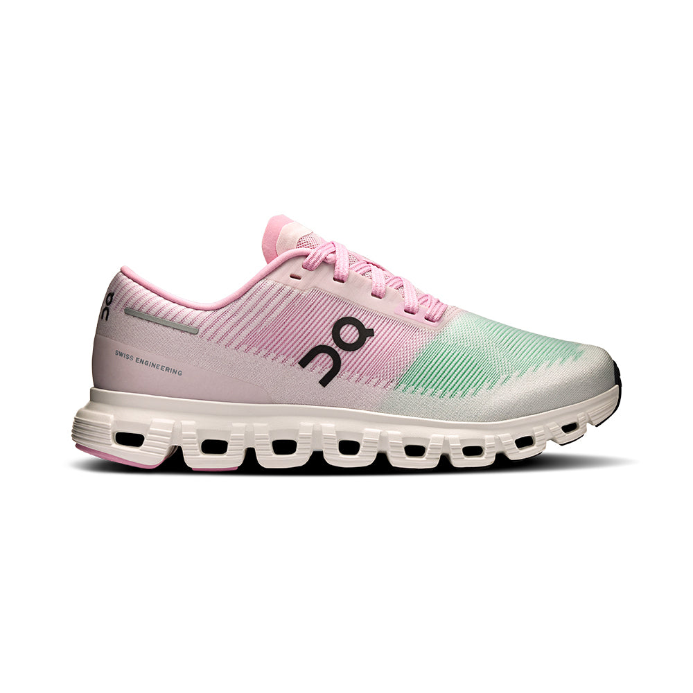 Side view on white background of Womens On Cloud 6 Push running shoe in Honeydew/Petal, Medium (Regular) width