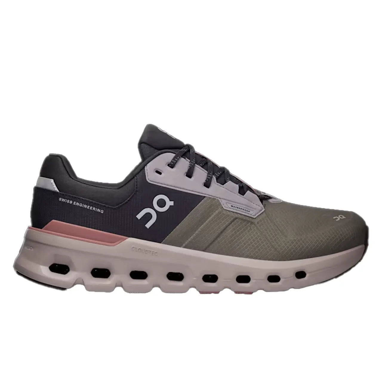 Side view on white background of Mens On Cloudrunner 2 Waterproof running shoe in Olive/Mahogany, Medium (Regular) width