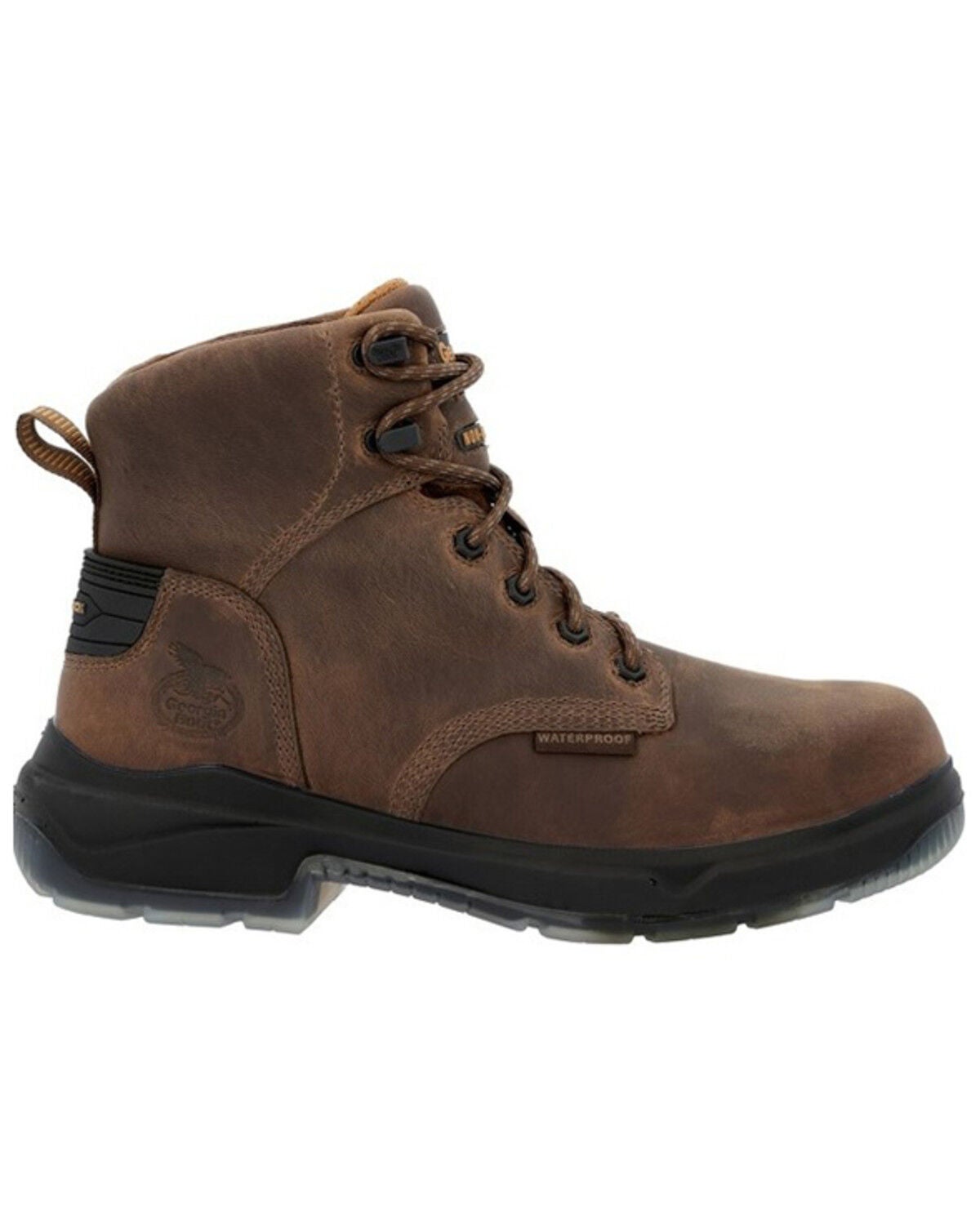 Side view on white background of Mens Georgia Boot FLXpoint Ultra Boot running shoe in Black/Brown, Medium (Regular) width