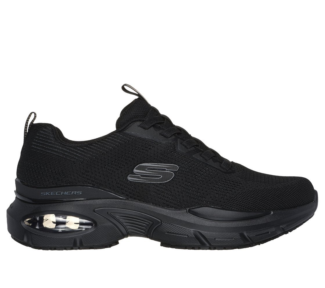Side view on white background of Mens Skechers Air Ventura SR running shoe in Black, Medium (Regular) width