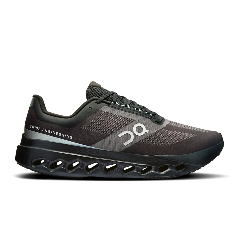 Side view on white background of Mens On Cloudsurfer Next running shoe in Black/Bay, Medium (Regular) width