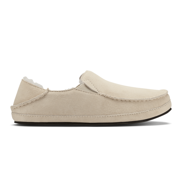 Side view on white background of Womens Olukai Nohea Slipper running shoe in Bone, Medium (Regular) width