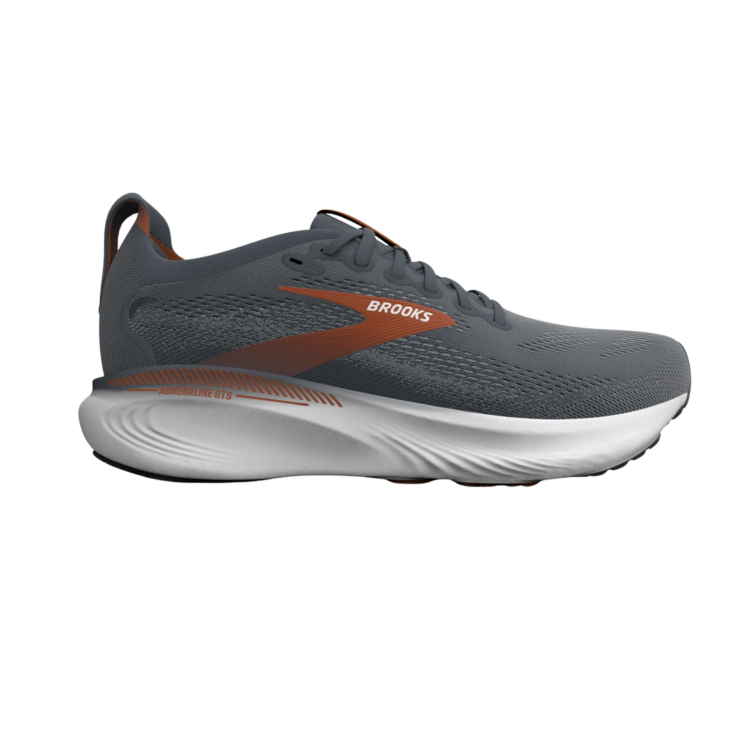 Side view on white background of Mens Brooks Adrenaline GTS 25 running shoe in Turbulence/Bombay Brown/Grey, Medium (Regular) width