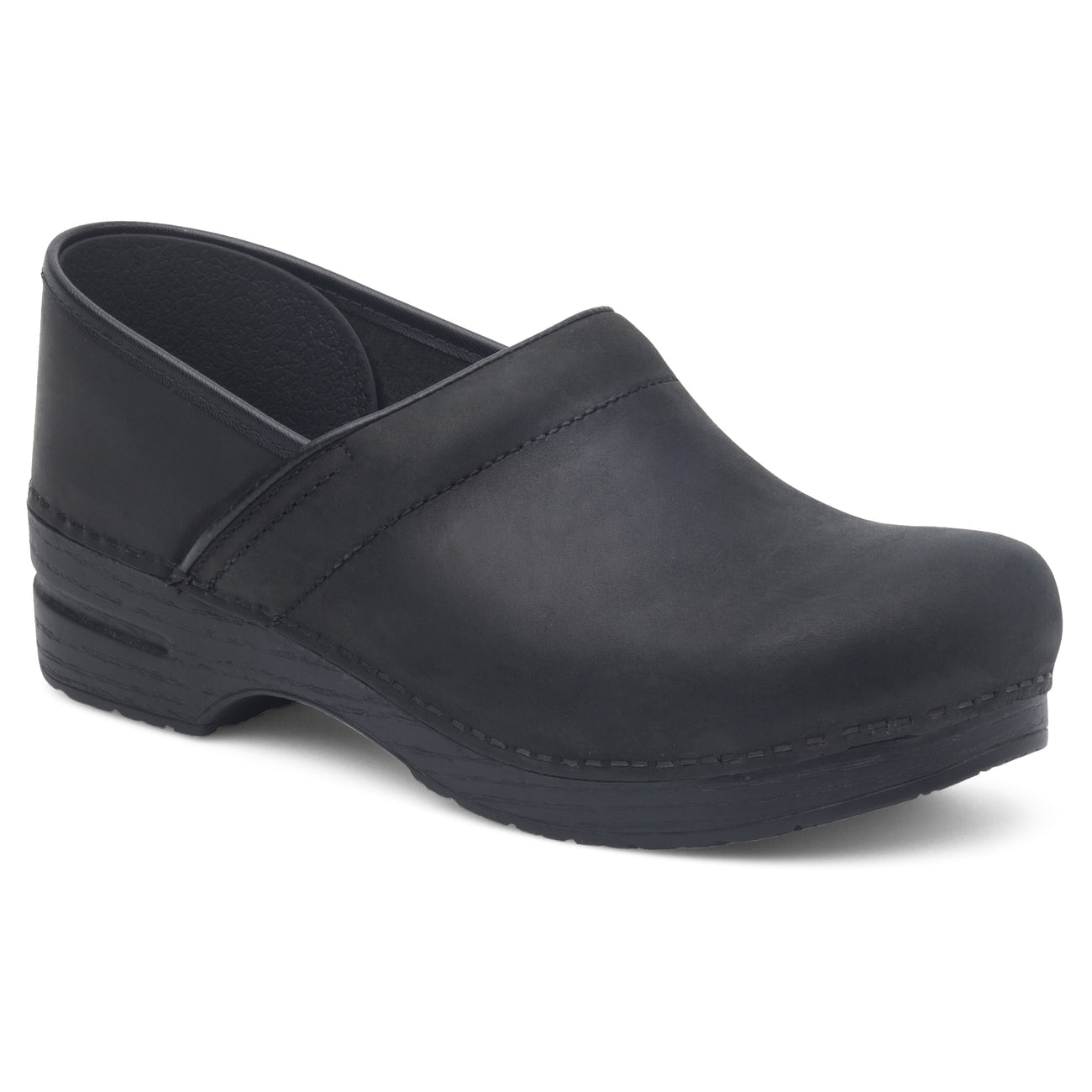 Side view on white background of Womens Dansko Pro XP Oiled running shoe in Black, Medium (Regular) width
