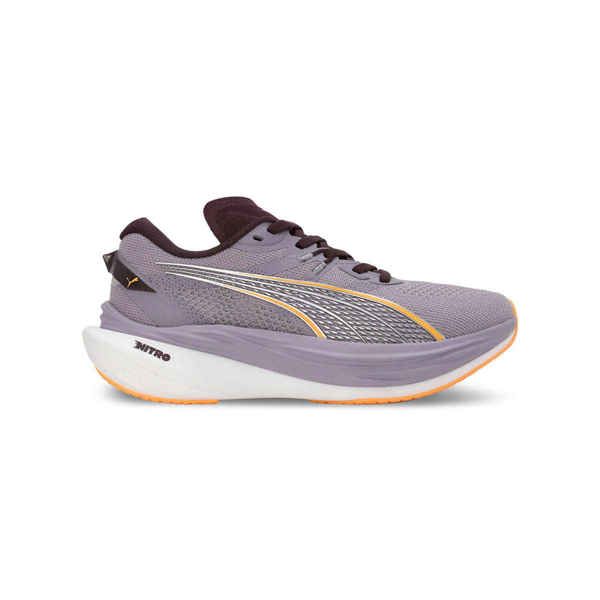 Side view on white background of Womens Puma Deviate Nitro 3 running shoe in Pale Plum/Midnight Plum/Sun, Medium (Regular) width