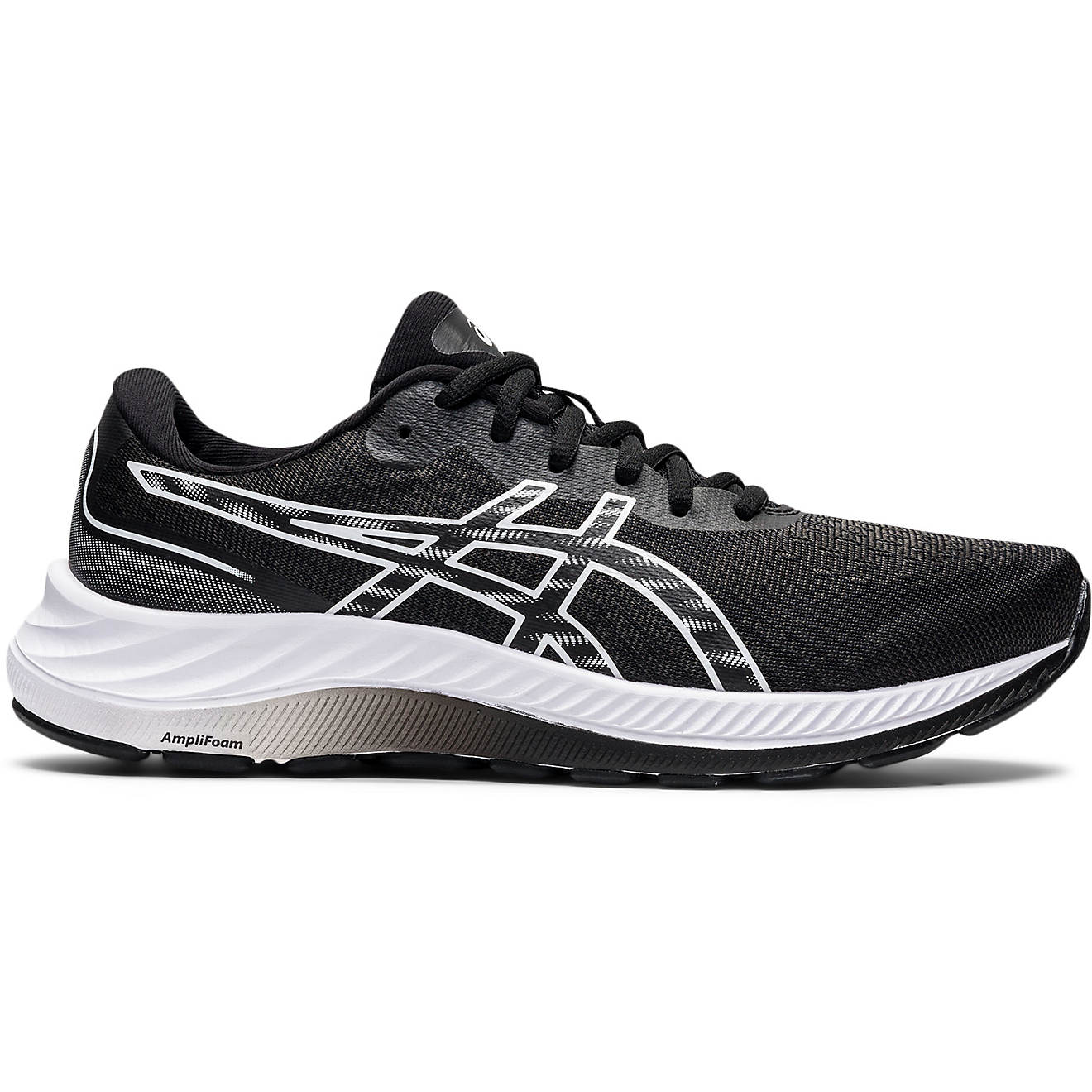 Side view on white background of Womens Asics Gel-Excite 9 running shoe in Black/White, Medium (Regular) width