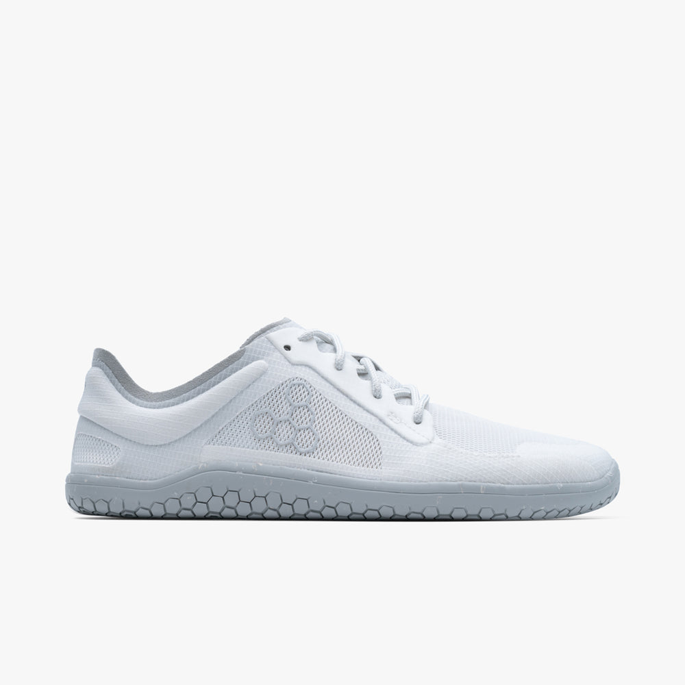 Side view on white background of Womens Vivobarefoot Primus Lite 3.5 running shoe in Mineral, Medium (Regular) width