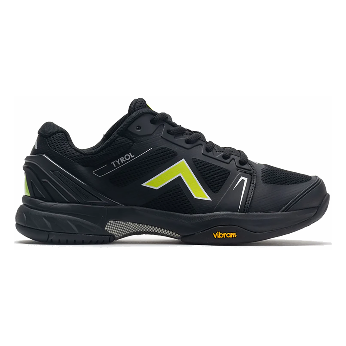 Side view on white background of Mens Tyrol Drive V running shoe in Black/Lime, Medium (Regular) width