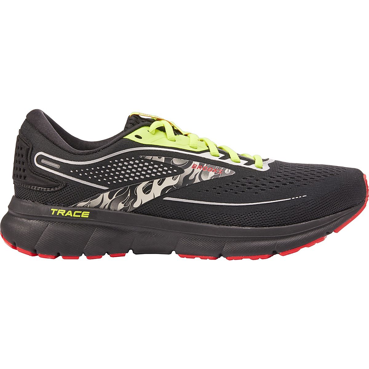 Side view on white background of Mens Brooks Trace 2 running shoe in Black and Nightlife and Red, Medium width