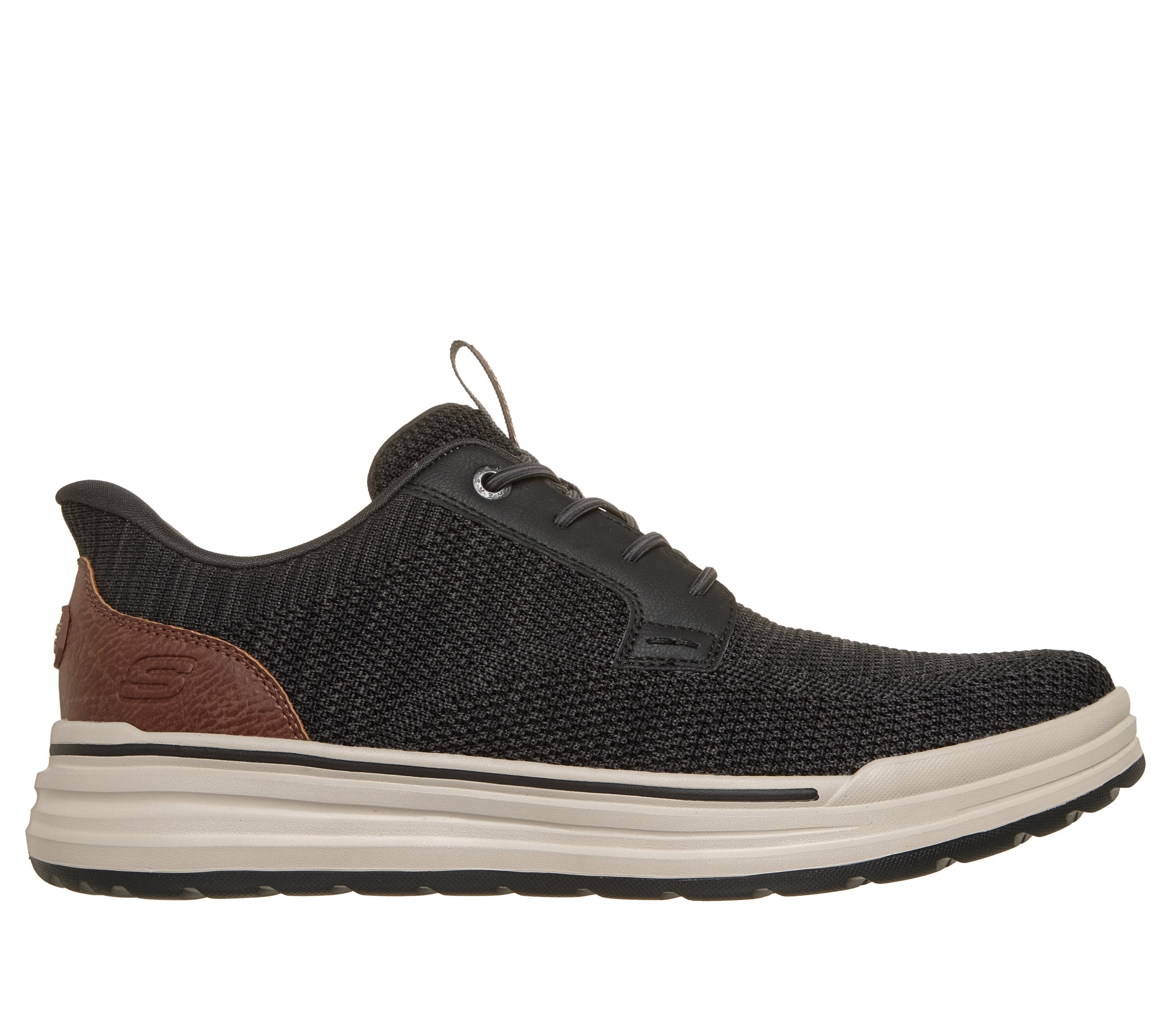 Side view on white background of Mens Skechers Sterling-Ramone running shoe in Black, Extra Wide width