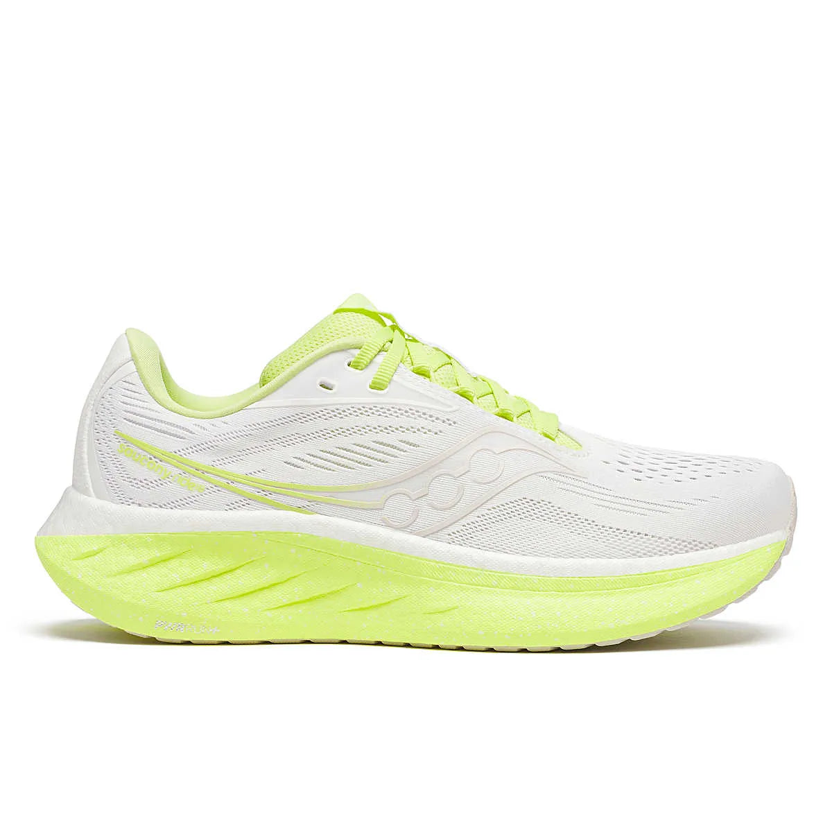 Side view on white background of Womens Saucony Ride 18 running shoe in White/Sunny, Medium (Regular) width
