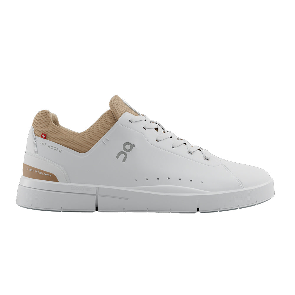 Side view on white background of Womens On The Roger Advantage 2 running shoe in White/Savannah, Medium (Regular) width
