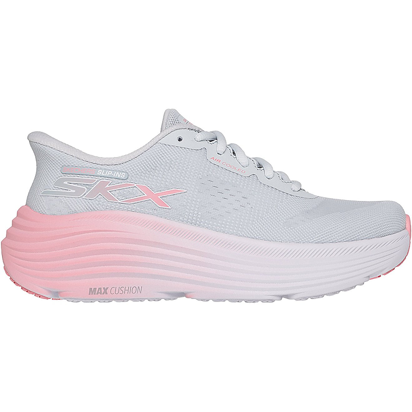 Side view on white background of Womens Skechers Skechers Slip-ins: Max Cushioning Endeavour - Hallandale running shoe in Gray/Pink, Medium (Regular) width