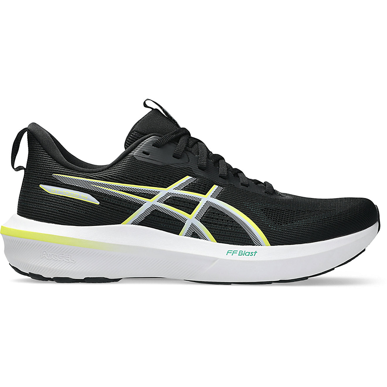 Side view on white background of Mens Asics GT-1000 14 running shoe in Black/Citron, Medium (Regular) width
