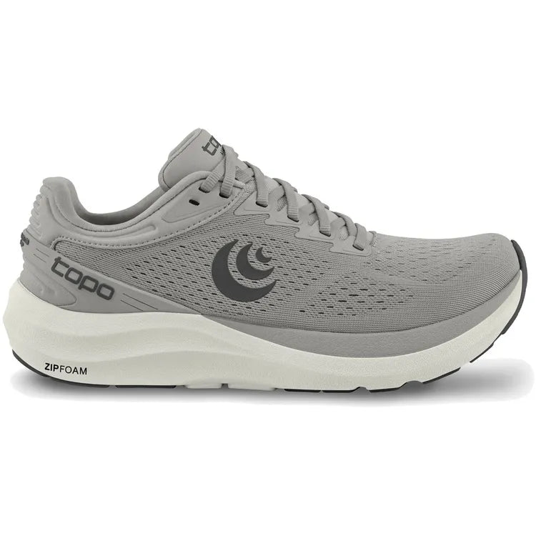 Side view on white background of Mens Topo Athletic Phantom 3 running shoe in Grey/Grey, Wide width
