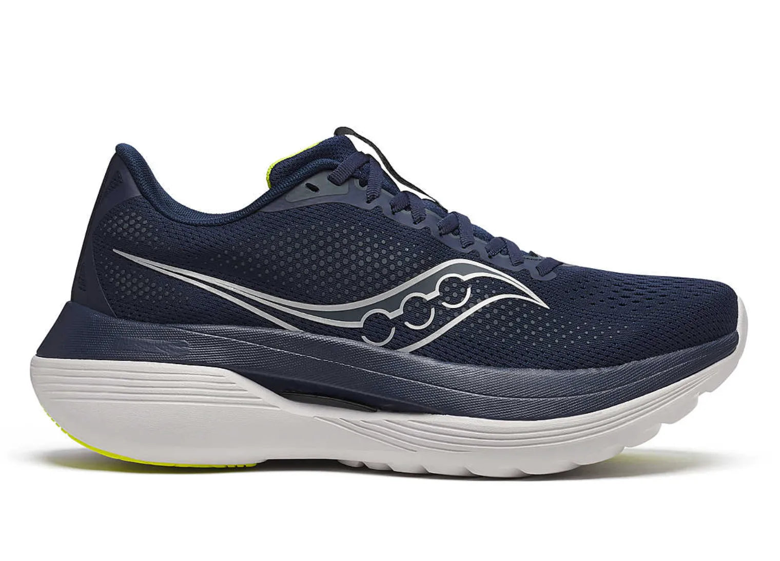 Side view on white background of Mens Saucony Endorphin Trainer running shoe in Navy/Primrose, Medium (Regular) width