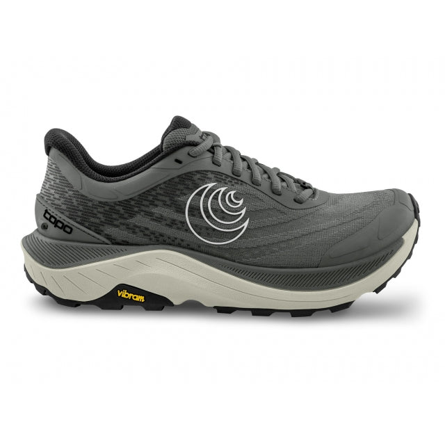 Side view on white background of Womens Topo Athletic Trailventure 2 WP running shoe in Grey/Grey, Medium (Regular) width