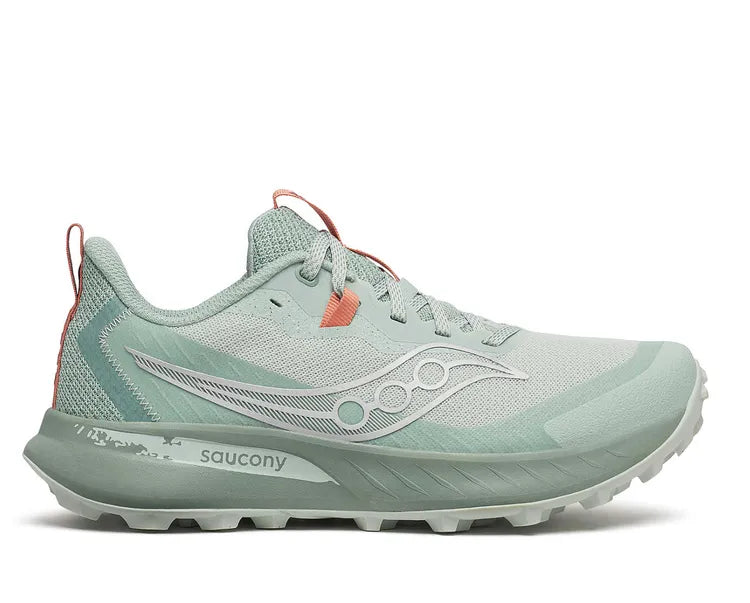 Side view on white background of Womens Saucony Peregrine 15 running shoe in Mist/Aloe, Medium (Regular) width