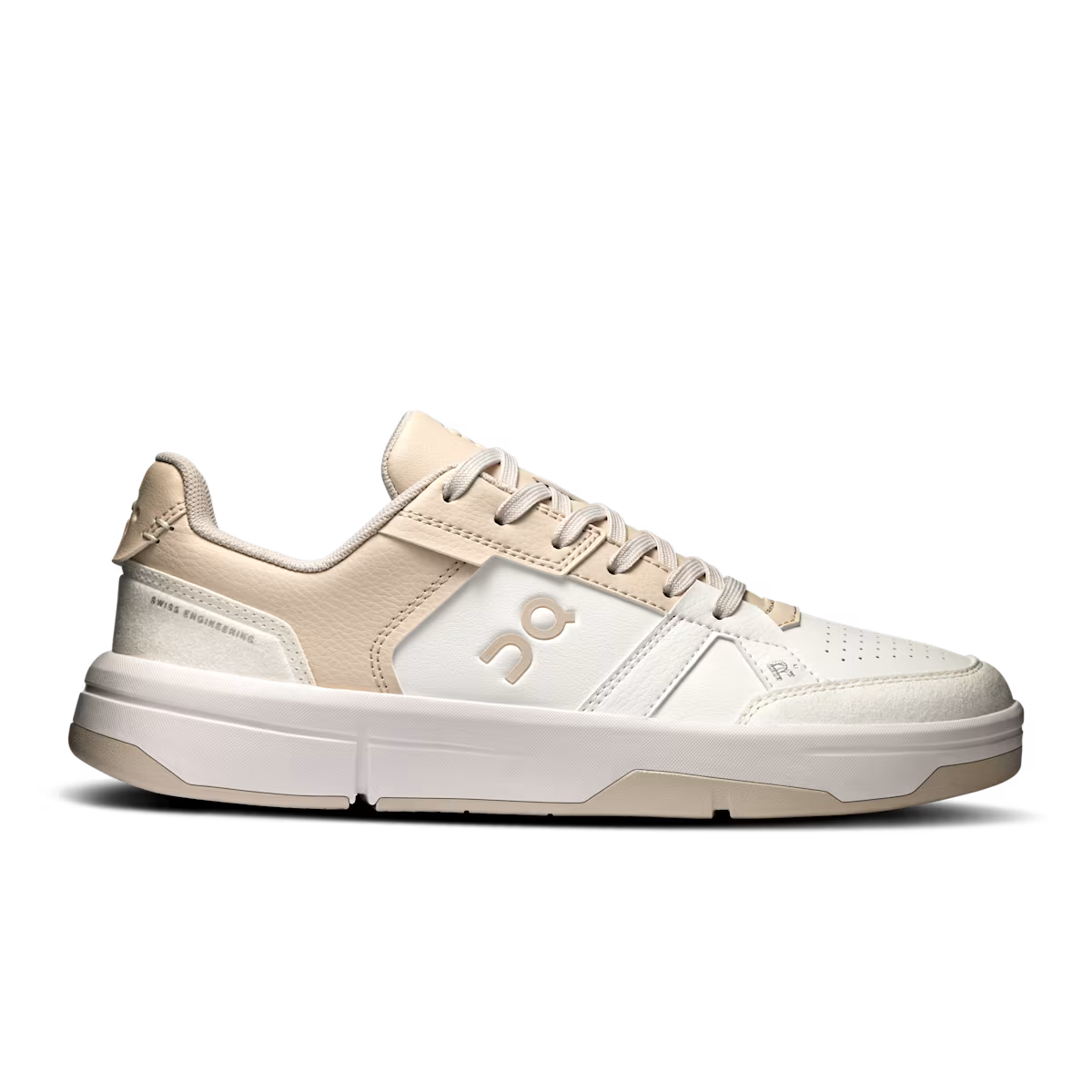 Side view on white background of Womens On The Roger Clubhouse running shoe in White/Pearl, Medium (Regular) width