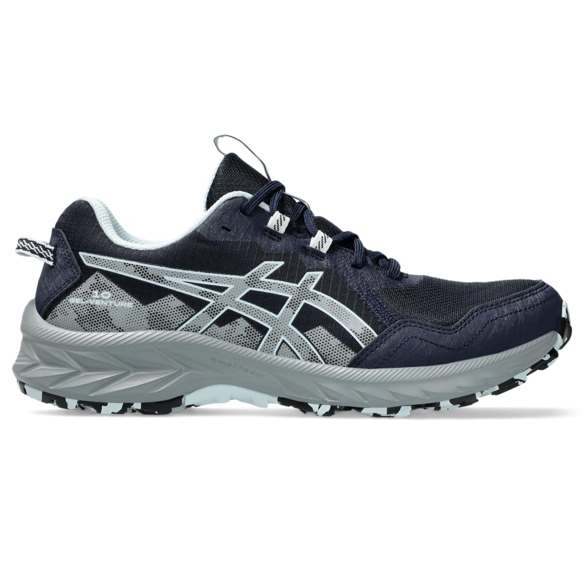 Side view on white background of Womens Asics Gel-Venture 10 running shoe in Midnight/Gravel, Wide width