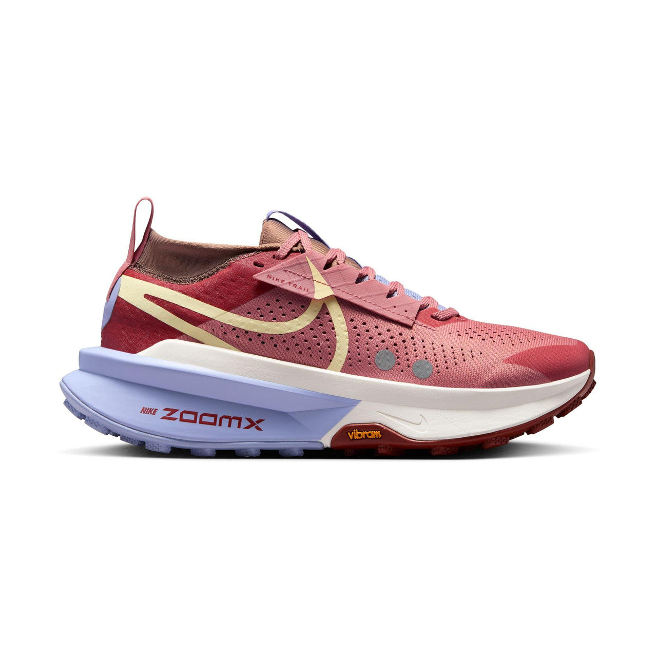 Side view on white background of Womens Nike ZoomX Zegama Trail 2 running shoe in Red Stardust/Alabaster, Medium (Regular) width