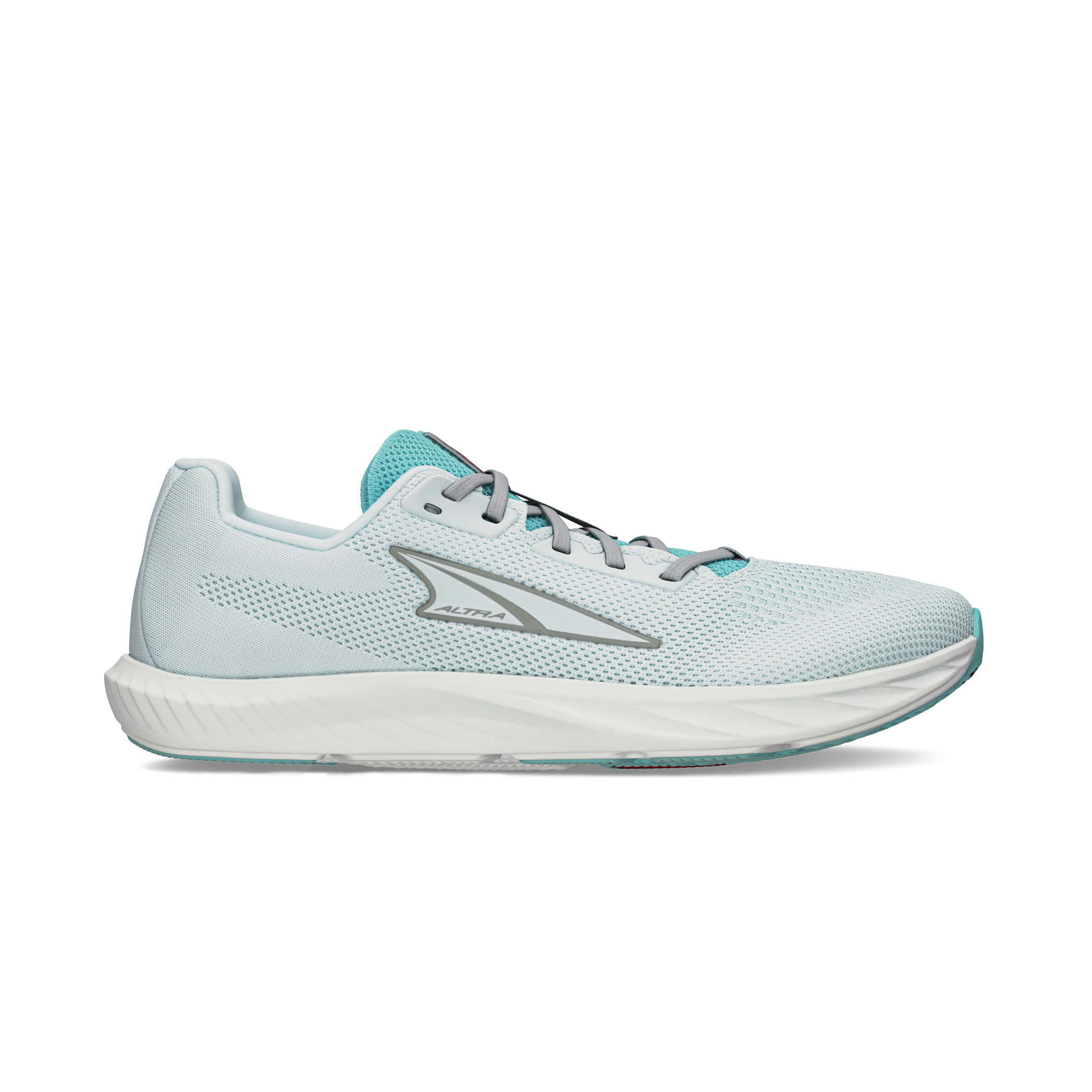 Side view on white background of Womens Altra Escalante 4 running shoe in Gray/Teal, Medium (Regular) width