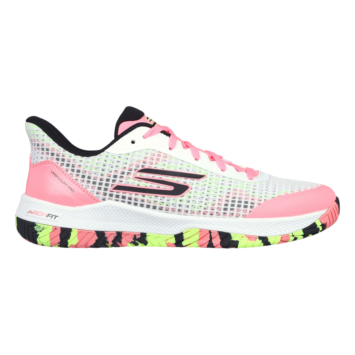 Side view on white background of Womens Skechers Viper Court Pro running shoe in White/Multi, Medium (Regular) width