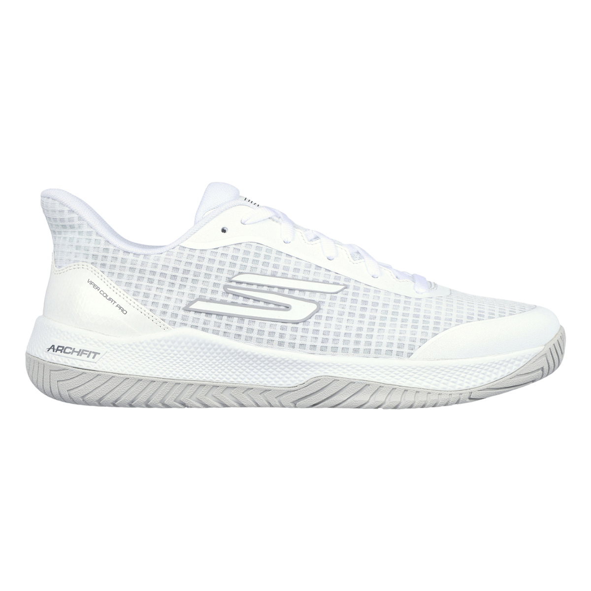 Side view on white background of Womens Skechers Viper Court Pro running shoe in White, Medium (Regular) width