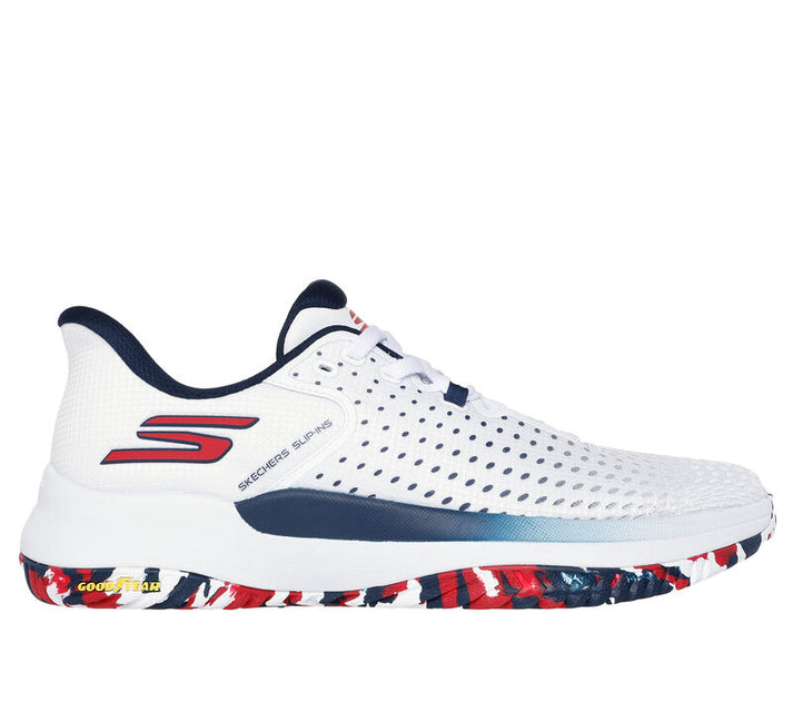 Side view on white background of Mens Skechers Viper Court Elite running shoe in White/Navy/Red, Medium (Regular) width