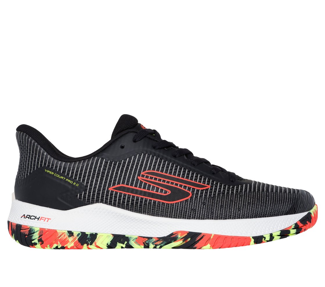 Side view on white background of Mens Skechers Viper Court Pro 2.0 running shoe in Black/Multi, Medium (Regular) width