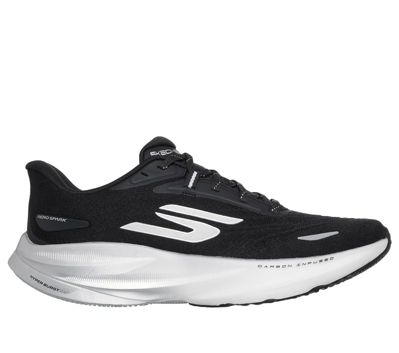 Side view on white background of Mens Skechers Aero Spark running shoe in Black/White, Medium (Regular) width