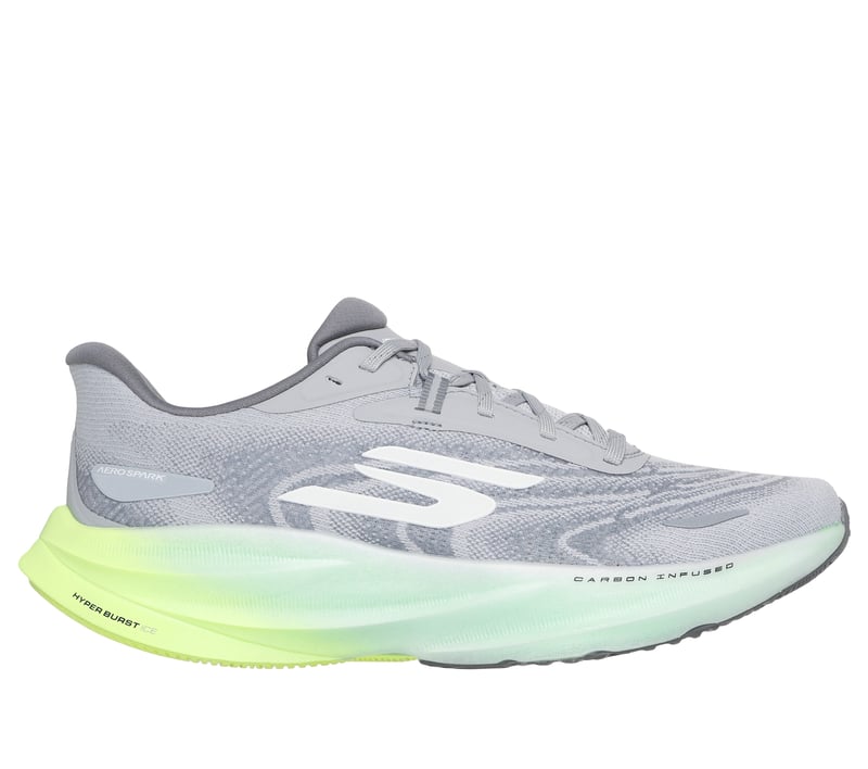 Side view on white background of Mens Skechers Aero Spark running shoe in Gray/Lime, Medium (Regular) width