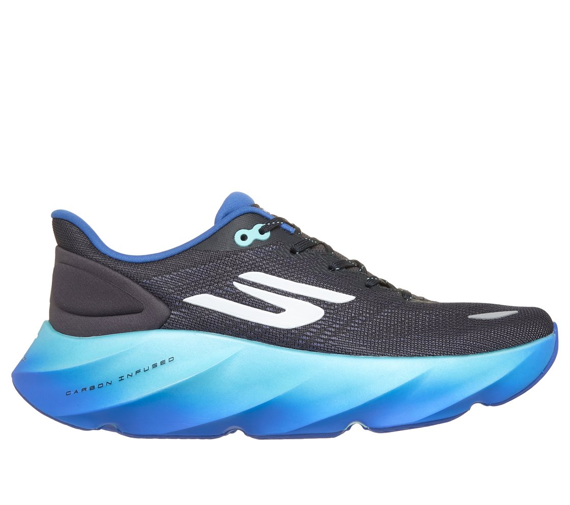 Side view on white background of Mens Skechers Aero Burst running shoe in Navy/Aqua, Medium (Regular) width