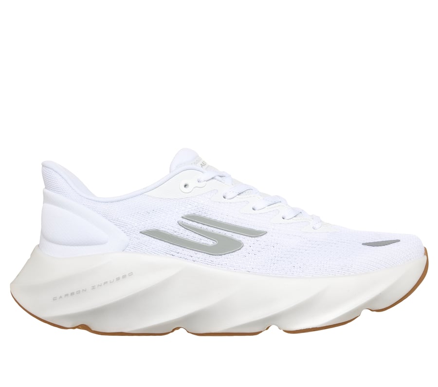 Side view on white background of Mens Skechers Aero Burst running shoe in White, Medium (Regular) width